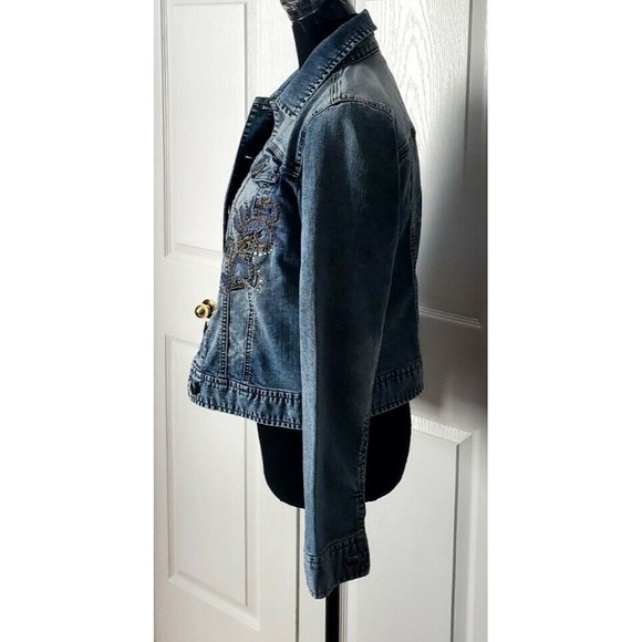 Platinum Chicos Embroider Ed Blue Jean Jacket Diamond Stud Size 0 Denim Coat EUC - Picture 2 of 6